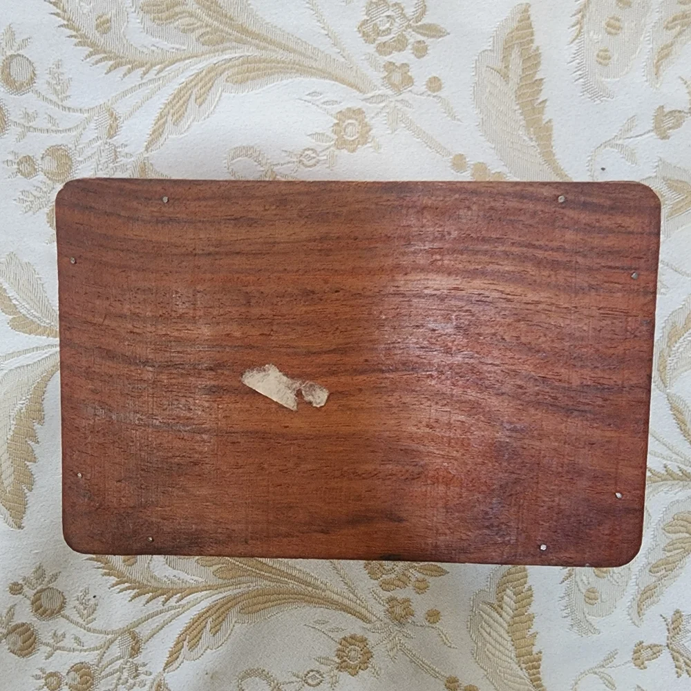 Hand Carved Wood Hinged Trinket Box Inlaid MOP Abalone Jewelry Vintage Bohemian.